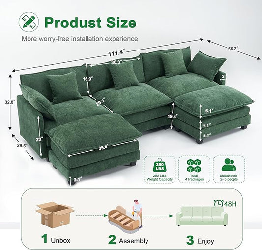 Expandable Modular Sectional Sofa with Ottoman, 111.4" Cloud Chenille U-Shape Couch, Reversible Chaise & 2nd Ottoman for Large Spaces, Deep Seat, Solid Wood Frame