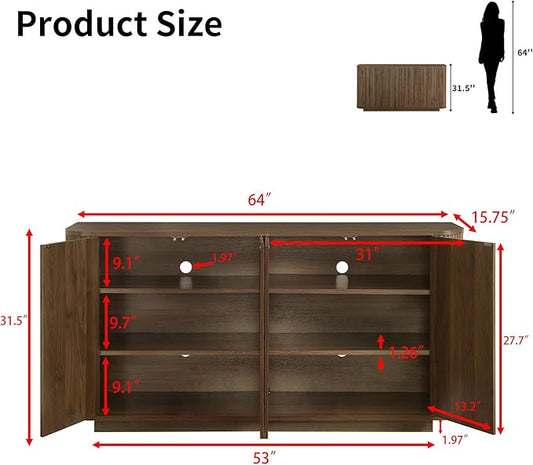 LKTART 64" Buffet Cabinet with Storage, Modern Fluted Accent Sideboard Media Console Credenza with Adjustable Shelves Pressed Spring for Kitchen Living Room,31.5" H (Walnut)
