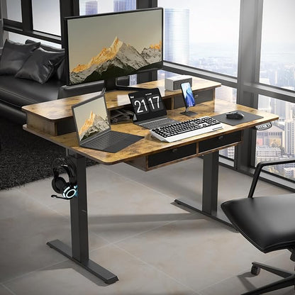 48 * 30 Inches Electric Standing Widened Desk Adjustable Height with 4 Drawers, Double Storage Shelves Stand Up Desk, Home Office Workstation Sit Stand up Desk (Rustic Brown)