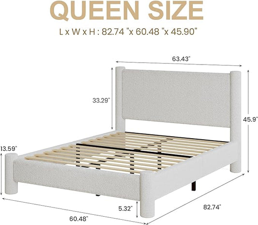 Queen Size Bed Frame, Boucle Upholstered Platform Bed with Headboard and Footboard, Soft Rounded Corners, No Box Spring Required, Easy Assembly, White