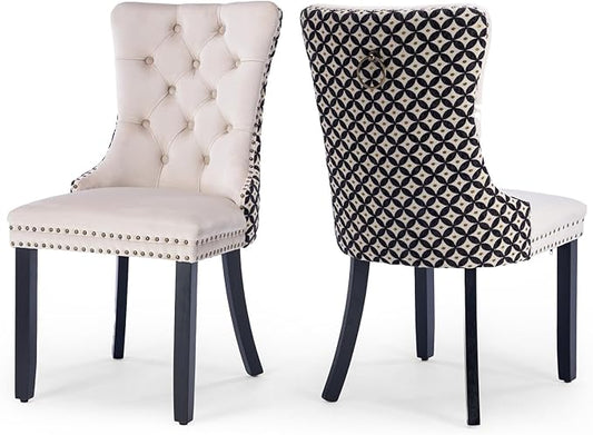 Velvet Upholstered Dining Chairs Set of 2, Modern Style Kitchen Side Chairs with Nailhead Trim and Wood Legs,Metal Pulling Ring for Dining Room Living Room(Quadrangular Star&Beige)