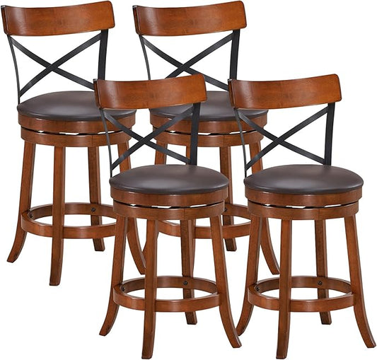 COSTWAY Bar Stool Set of 4, 360-Degree Swivel Solid Wood Stools with Soft Cushion & Backrest, 25”Height Kitchen Counter Bar Stools for Kitchen Island, Pub, and Restaurant (4, 25 inch)