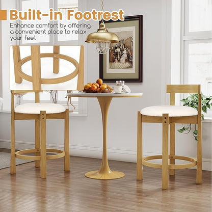 COSTWAY 24'' Counter Height Bar Stools Set of 2, Teddy Velvet Upholstered Bar Chairs with Backrests and Footrests, Wood High Barstools for Kitchen Island and Dining Room (Natural)