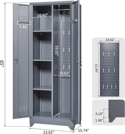 FLEXIMOUNTS 65'' Tall Metal Storage Cabinet with Locking Door, Large Cleaning Tool Organizer for Brooms, Garage, Laundry Room, Bathroom, Dark Grey