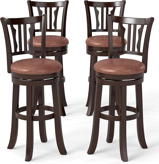 COSTWAY 30" Bar Height Stools Set of 4, Swivel High-Top Chairs with Backrest & Faux Leather Padded Seat, Rubber Wood Counter Barstools with Footrest for Kitchen Islands, Dining Room, Pub (4,30'')