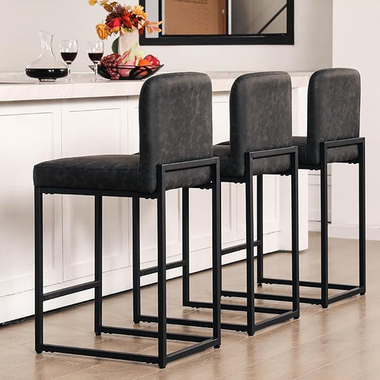 ALPHA HOME 24 Inch Bar Stools, Kitchen Counter Stools with Backs, Black Bar Stools Set of 3, PU Leather Barstools, Kitchen Stools with Back&Upholstered Footrest, Sturdy Chromed Metal Steel Frame