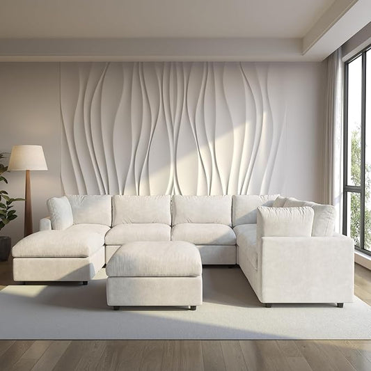 Modular Sectional Sofa with Ottoman,134inch U Shaped Convertible Cloud Couch,8 Seater Convertible V Shaped Living Room Sets,Cover Washable and Replaceable Couches for Living Room,Beige