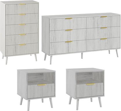 LYNSOM Fluted Dresser and Nightstand Sets 4 Piece, 1-Drawer Nightstands and 5/6 Drawers Dresser, Wood Bedroom Furniture Set for Home, Bedroom, Hallway, White