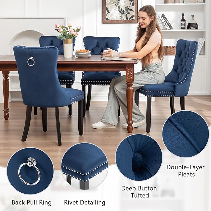 Velvet Dining Chairs Set of 6, Tufted Dining Room Chairs with Nailhead Ring Pull Trim, Upholstered Dining Chairs with Solid Wood Legs for Kitchen Dining Room, Sillas De Comedor (Blue)