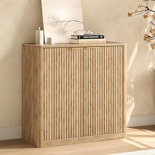 Evermagin 31.5" Oak Buffet Cabinet with Storage, Small Sideboard Cabinet, Boho Accent Credenza, Fluted Console Table with Doors for Dining Room, Kitchen, and Living Room