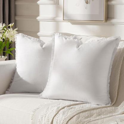 FUTEI Cream White Velvet Decorative Throw Pillow Covers 20x20 Set of 2,Soft Cozy Edge with Tassels Cushion Case,Boho Modern Home Decor for Couch Bed Living Room
