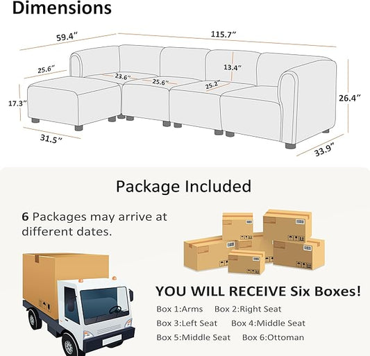 VANOMi Oversized Modular Sectional Sofa, L Shaped Sectional Couches for Living Room, 5 Seats Modular Sofa with Reversible Chaises, Camel