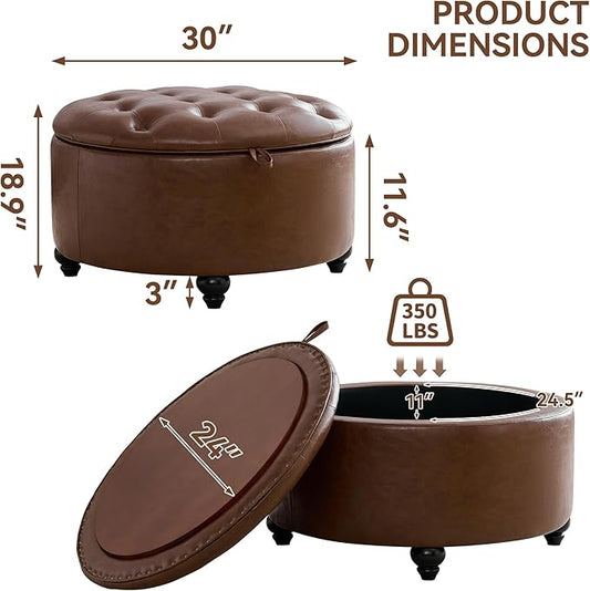 30Inch Round Storage Ottoman with Tray, Modern Tufted Leather Circle Coffee Table with Storage, Upholstered Ottoman with Removable Top for Living Room, Bedroom, Leather Coffee