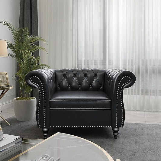 Living Room Chair, Modern Leather Chesterfield Sofa Chair, Mid Century Single Sofa Couch Chair with Tufted Back and Rolled Arms, Accent Sofa Chair for Living Room Apartment, Black
