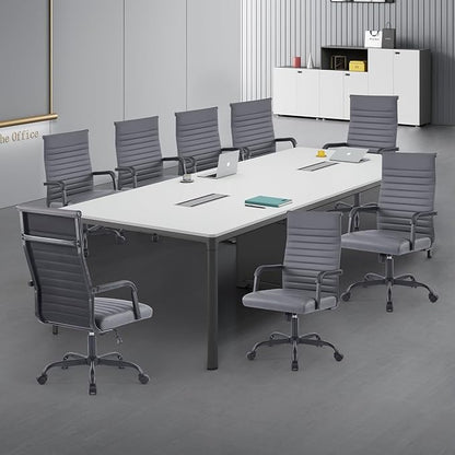 Office Chair, Ergonomic Executive Conference Room Chairs, Ribbed Leather Desk Chair with Lumbar Support, Adjustable Height Mid-Back Swivel Chair with Padded Seat and Square Tube Armrests