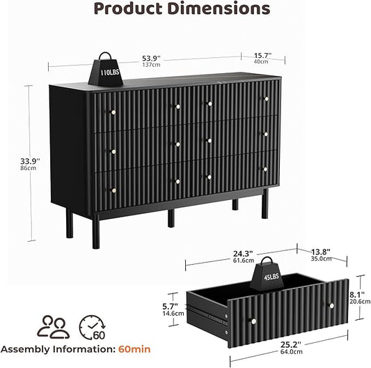 RECCI Fluted 6 Drawers Dresser for Bedroom, 54" Wide Chest of Drawers with 3D Fluted Panel, Faux Marble Top, Solid Wood Legs, Storage Drawers, TV Stand, Closet Chests for Bedroom, Black