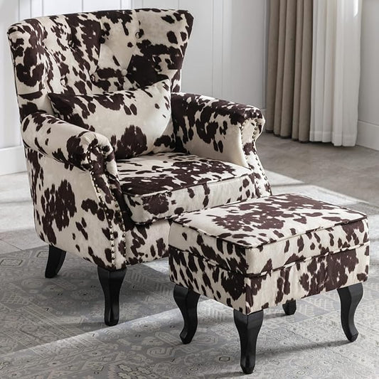Accent Reading Arm Chairs with Ottoman for Living Room Bedroom, Midcentury Modern Comfy Corner Sofa Chair, Wingback Waiting Room Club Chair with Button Tufted Back &Lumbar Pillow, Fabric Cow