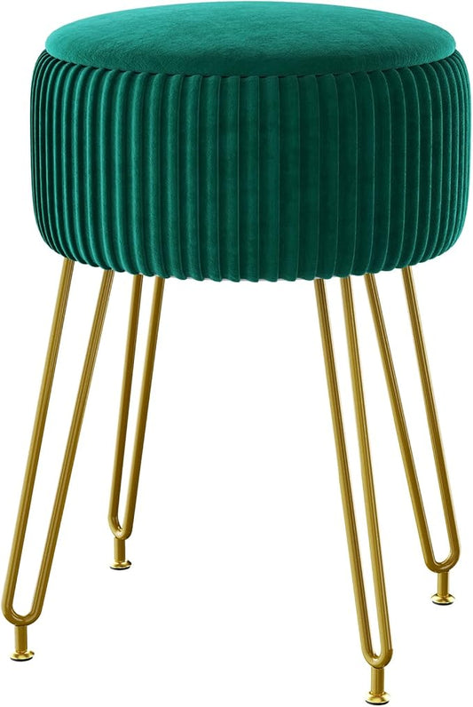 IBUYKE Velvet Storage Footrest Stool Ottoman, Makeup Vanity Stool Side Table with Golden Steel Legs Removable Cover, Coffee Table Top Cover, Green LG-20L
