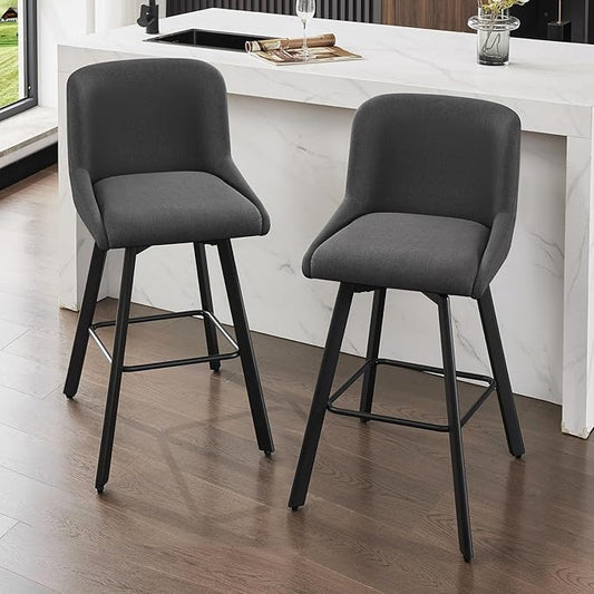 Swivel Counter Height Bar Stools Set of 2, 30''H Upholstered Barstools with Backs, Modern Bar Stool Chairs for Kitchen Island, Metal Legs, Fabric, Black Grey Stools Counter Chair