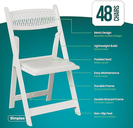 SIMPLEX White Stackable Folding Chairs with Padded Seat & Mesh Back, Padded Indoor/Outdoor Folding Chair, Lightweight Foldable Chairs, Weight Capacity 800LBs (48 Pack)