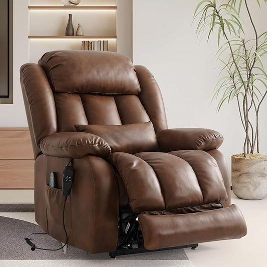 TEKAMON Power Lift Recliner Chair for Elderly with Heat & Massage, Dual Motor Breathable Leather Recliner, Lay Flat Sleeping Chairs with Infinite Position, Remote Control & USB Ports(Ochre, Extended)