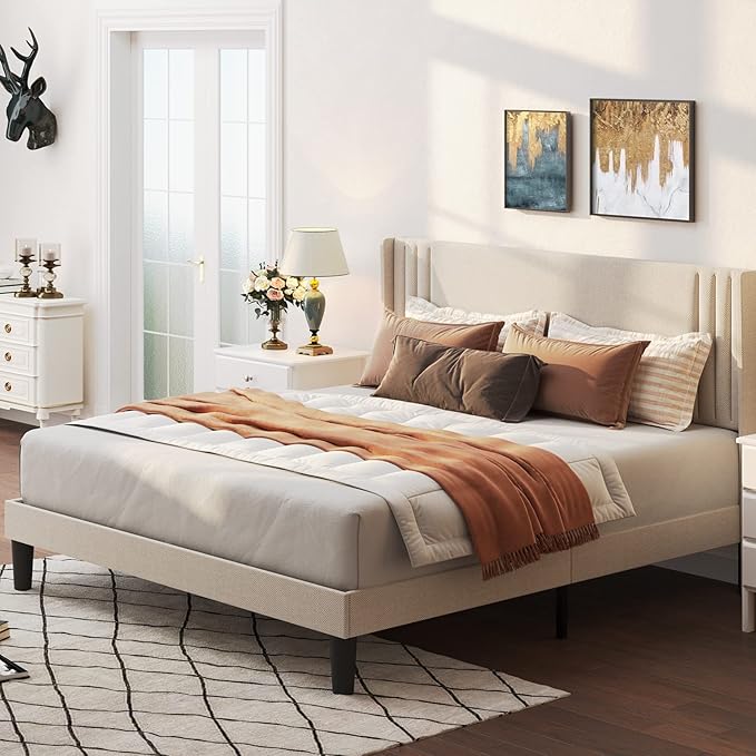 Gizoon Full Bed Frame with Wingback Headboard, Upholstered Platform Bed with Modern Geometric Headboard, Wooden Slats, Noise-Free, No Box Spring Needed