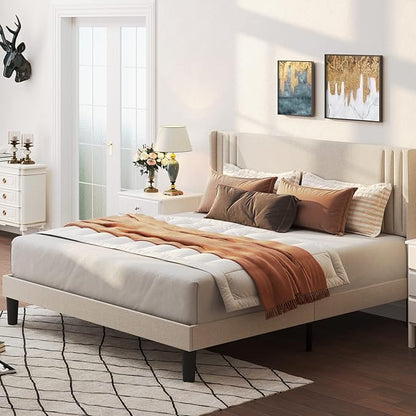 Gizoon Full Bed Frame with Wingback Headboard, Upholstered Platform Bed with Modern Geometric Headboard, Wooden Slats, Noise-Free, No Box Spring Needed