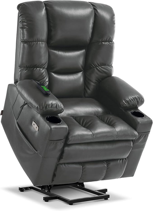MCombo Large Triple Motor Power Lift Recliner Chair with Massage and Dual Heating, Adjustable Headrest for Tall Elderly People, Faux Leather 7634 (Dark Grey, Large)