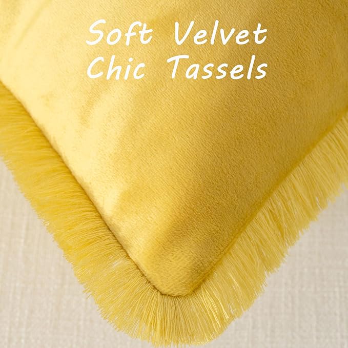 FUTEI Lemon Yellow Velvet Decorative Throw Pillow Covers 12x20 Set of 2,Soft Cozy Edge with Tassels Lumbar Pillow Cases,Boho Modern Home Decor for Couch Bed Living Room