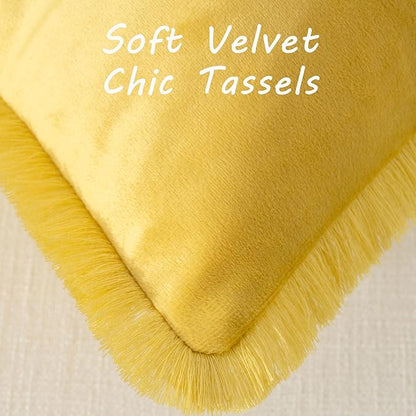 FUTEI Lemon Yellow Velvet Decorative Throw Pillow Covers 16x16 Set of 2,Soft Cozy Edge with Tassels Cushion Case,Boho Modern Home Decor for Couch Bed Living Room