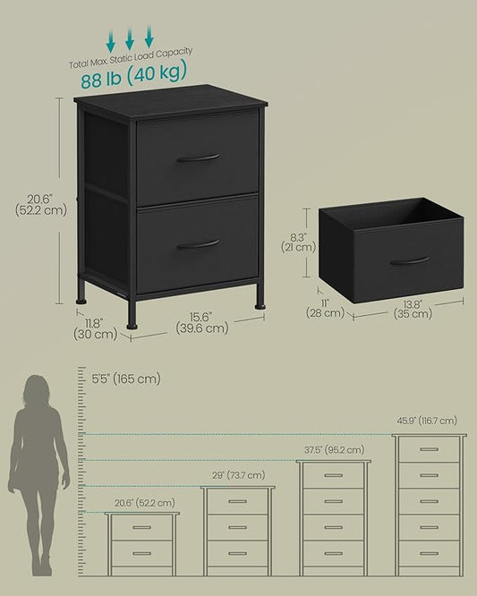 SONGMICS BELLAH Collection - Dressers for Bedroom, Chest of Drawers, Nightstands, 2 Drawers, Storage Organizer Unit, Closet, Entryway, Set of 2, Modern, Ink Black and Ebony Black ULGS112BH02S
