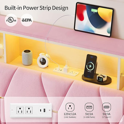 Queen Bed Frame with Storage Headboard,Power Outlet, Modern Velvet Upholstered Platform Bed LED Bed Frame with 5 Storage Shelves, No Box Spring Needed, Pink
