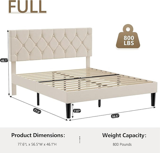 VECELO Full Size Bed Frame with Button Tufted Headboard, Upholstered Platform with Wooden Slat Support, No Box Spring Needed, Cream Beige