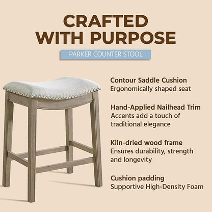 ROME + OAK Parker 26 Inch Counter Stool, Backless Saddle Kitchen Barstool in Reclaimed Oak Finish with Ash Grey Fabric Upholstery Cushion Seat