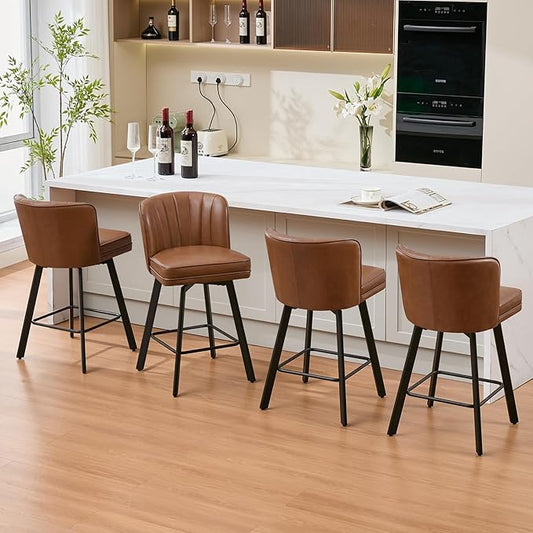 Swivel Counter Height Bar Stools Set of 4, 26'' Modern Barstools with Backs and Metal Legs, Upholstered Bar Chairs, Faux Leather Dark Brown Stools for Kitchen Island Chairs