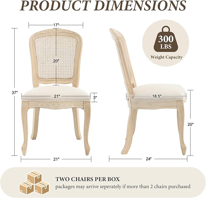 Wicker Dining Chairs Set of 6, Upholstered Linen Fabric Dining Room Chairs with Square High Rattan Back Farmhouse French Kitchen Chairs for Dining Table/Living Room/Restaurant, Cream