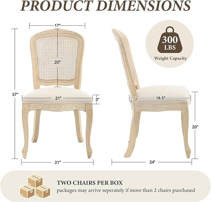 Wicker Dining Chairs Set of 6, Upholstered Linen Fabric Dining Room Chairs with Square High Rattan Back Farmhouse French Kitchen Chairs for Dining Table/Living Room/Restaurant, Cream