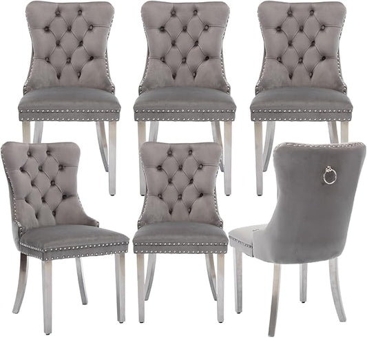 Velvet Upholstered Dining Chairs Set of 6, Modern Style Kitchen Side Chairs with Nailhead Trim and Silver Plated Leg, Metal Pulling Ring for Dining Room Living Room(Gery-Silver Plated Leg)