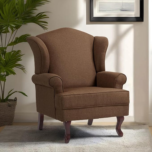 Pia Ricco High Back Floral Accent Chair, Upholstered Fabric Armchair with Solid Wood Legs - Retro Living Room Reading Chair, Comfortable Single Sofa Seat-Coffee