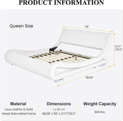SHA CERLIN Queen Size Upholstered Bed Frame, Deluxe Low Profile Sleigh Bed with Faux Leather Ergonomics Headboard, No Box Spring Needed & Easy Assembly, White