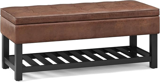 SIMPLIHOME Cosmopolitan 44 inch Wide Transitional Rectangle Storage Ottoman Bench with Open Bottom in Distressed Saddle Brown Vegan Faux Leather, Assembled for the Living Room and Bedroom