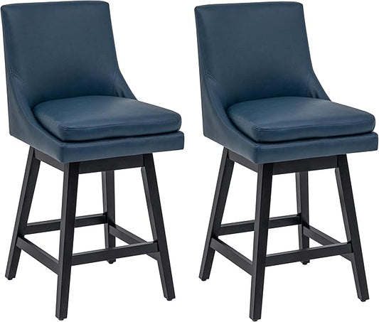 Bar Stools Set of 2, PU Leather Barstools, 26 Inch Upholstered Counter Stools with 14.2" High Back and Footrest, Swivel Counter Height Barstools for Kitchen Island Home Bar Navy Blue