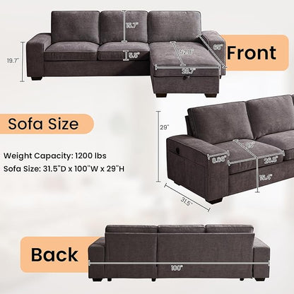 RISAR 100" L-Shaped Sofa with Chaise and Built-in Storage for Living Room, Couch with Chenille Fabric, Removable Cushion Covers & USB Type-C Ports (Dark Gray)
