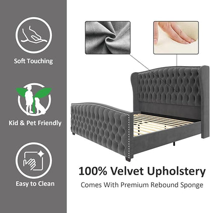 AMERLIFE California King Size Platform Bed Frame, Velvet Upholstered Bed with Deep Button Tufted & Nailhead Trim Wingback Headboard/No Box Spring Needed, Grey