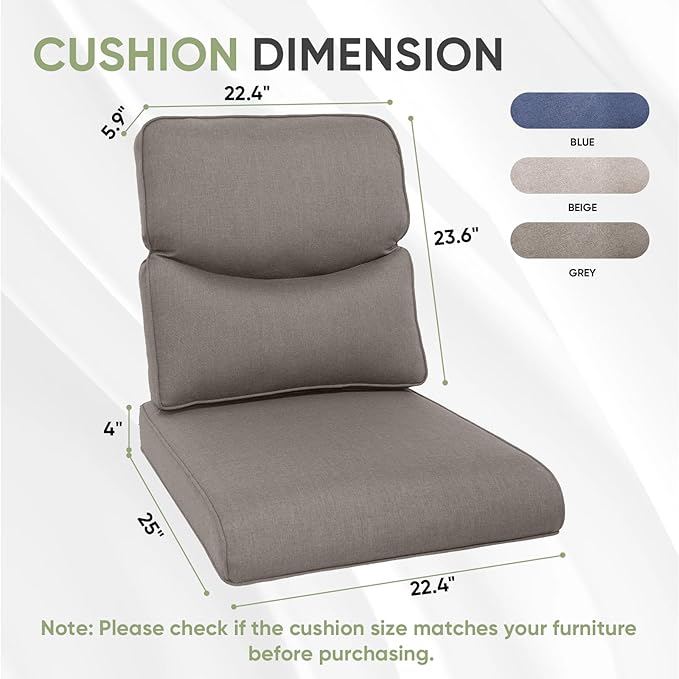 Outdoor Chair Cushion Set, 25 x 22 Deep Seat Cushion, Patio Chair Cushions for Outdoor, Include 1 Seat Cushion and 1 Back Cushion, Gray