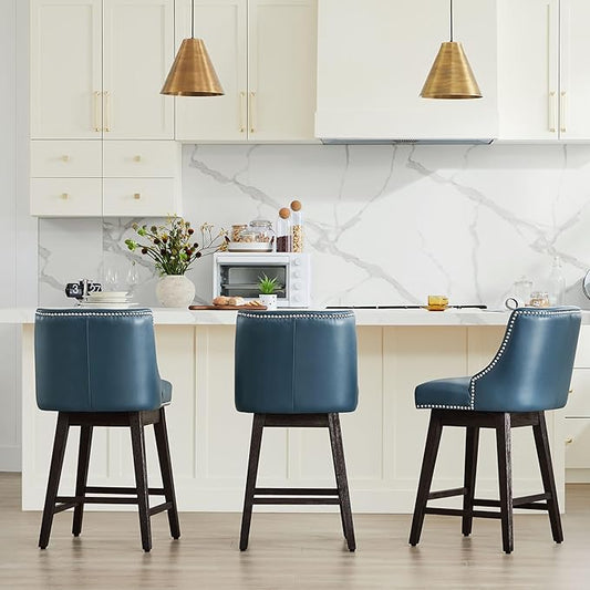 CHITA Counter Height Swivel Bar Stools Set of 3, FSC Certified Upholstered Counter Stools, Modern Swivel Barstools with Wood Legs for Kitchen Island, 26" Seat Height, Faux Leather in Blue
