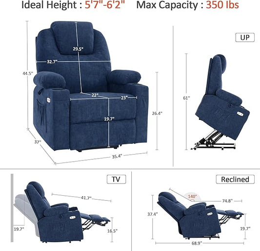 MCombo Power Lift Recliner Chair for Elderly, Lift Chair with Heat and Massage for Tall People, USB&Type C Ports, Extended Footrest, Cup Holders, Fabric 7516(Large,Admiral)