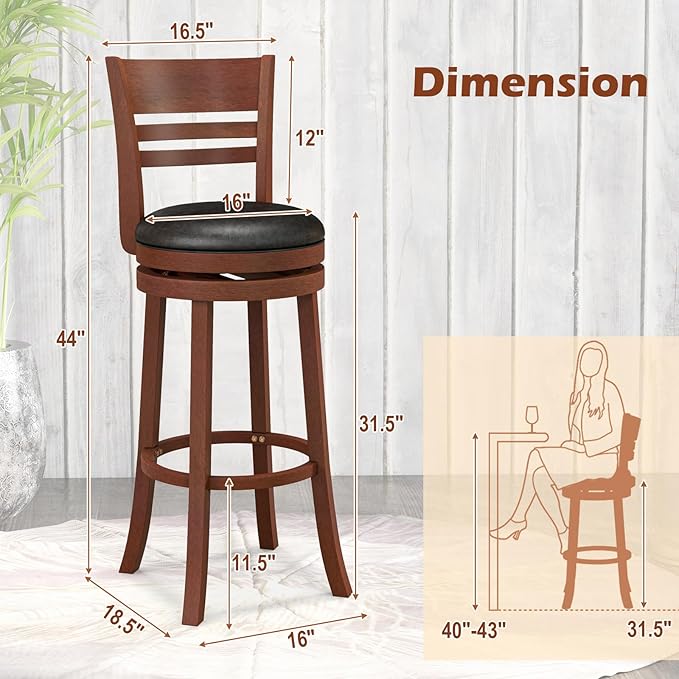 COSTWAY Bar Stools, 360-Degree Swivel Bar Chairs with PU Upholstered Seats, Solid Rubber Wood Backrests, Footrests & Legs, Bar Height Stools with Backs for Kitchen, Bar, Brown (2)
