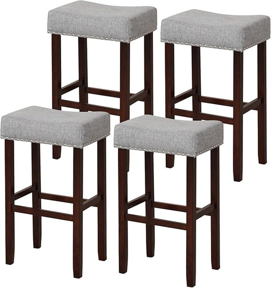 COSTWAY Counter Height Bar Stools Set of 4, 29.5-inch Backless Saddle Stools with Nailhead Trim, Rubber Wood Frame, Footrest, Max Load 330 Lbs, Upholstered Barstools for Kitchen Island Pub, Grey