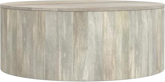 SIMPLIHOME Millbury Drum Coffee Table - 36 inch Wide Solid Mango Wood Round Living Room Table in White Wash, Contemporary Cocktail Table for Family Room or Lounge with Large Surface, Assembled